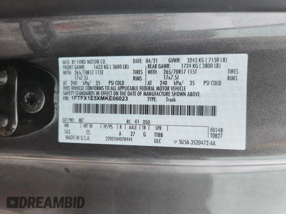 2021 Ford F-150 XL with VIN 1FTFX1E5XMKE06023, listed as a Copart auction lot 62383545 with 96,481 mi miles and Clean title. Bid and sale history available at DreamBid. Image 13.