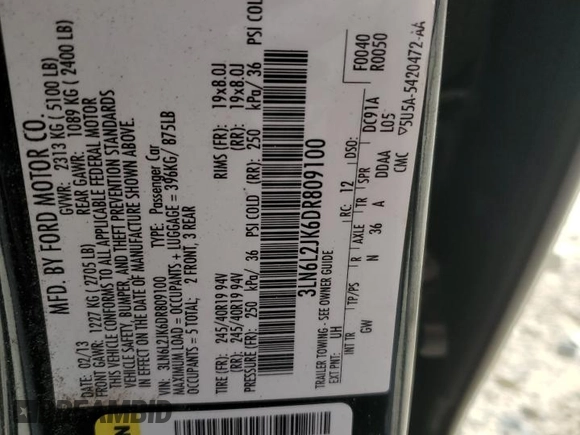 2013 Lincoln MKZ with VIN 3LN6L2JK6DR809100, listed as a Copart auction lot 61362105 with 183,512 mi miles and Clean title. Bid and sale history available at DreamBid. Image 12.