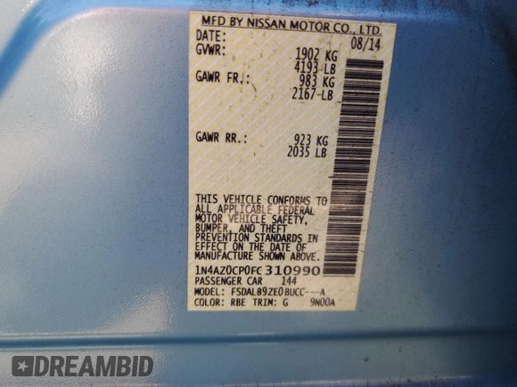 2015 Nissan LEAF S with VIN 1N4AZ0CP0FC310990, listed as a Copart auction lot 64315325 with 80,860 mi miles and Salvage title. Bid and sale history available at DreamBid. Image 12.