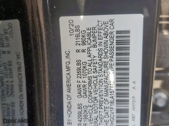 2020 Honda Accord Sedan LX with VIN 1HGCV1F18LA157442, listed as a Copart auction lot 50353505 with 36,418 mi miles and Salvage Title. Bid and sale history available at carsss.com. Image 13.