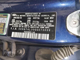 2016 Kia Optima LX with VIN 5XXGT4L30GG073039, listed as a IAAI auction lot 42055627 with Not Provided miles and . Bid and sale history available at carsss.com. Image 9.
