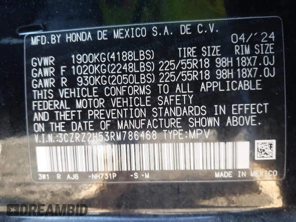 2024 Honda HR-V Sport with VIN 3CZRZ2H53RM786468, listed as a IAAI auction lot 42058045 with 17,008 mi miles and . Bid and sale history available at DreamBid. Image 9.