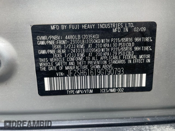 2009 Subaru Forester X with VIN JF2SH61619G790793, listed as a Copart auction lot 62647265 with 93,516 mi miles and Clean title. Bid and sale history available at DreamBid. Image 10.