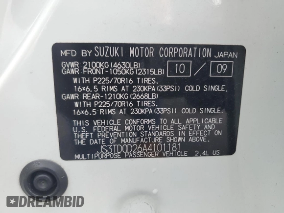 2010 Suzuki Grand Vitara Premium with VIN JS3TD0D26A4101181, listed as a Copart auction lot 62923755 with 177,893 mi miles and Salvage title. Bid and sale history available at DreamBid. Image 13.