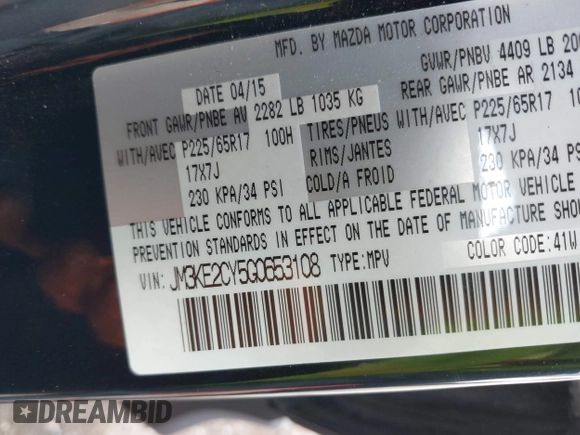 2016 Mazda CX-5 Touring with VIN JM3KE2CY5G0653108, listed as a IAAI auction lot 37717249 with 90,704 mi miles and . Bid and sale history available at DreamBid. Image 9.