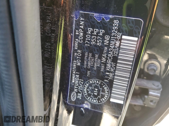2022 Hyundai Venue SEL z VIN KMHRC8A34NU132938, wystawiony jako Copart lot #62136555 z przebiegiem 76 617 mil mil oraz Szkoda całkowita • Salvage title. Historia ofert i sprzedaży dostępna na DreamBid. Obrazek 14.