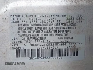 2016 Nissan Sentra SV with VIN 3N1AB7AP8GY262807, listed as a IAAI auction lot 41502163 with 123,707 mi miles and . Bid and sale history available at DreamBid. Image 9.