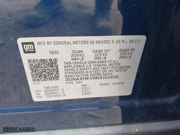2022 Chevrolet Equinox LS with VIN 3GNAXHEV0NS163659, listed as a IAAI auction lot 39776372 with 82,994 mi miles. Bid and sale history available at carsss.com. Image 9.