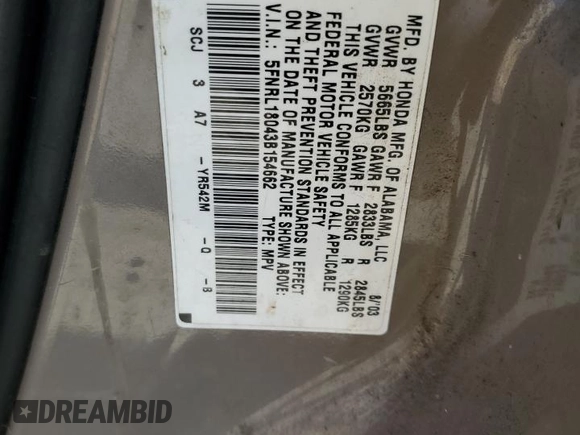 2003 Honda Odyssey EX-L z VIN 5FNRL18043B154662, wystawiony jako Copart lot #52896015 z przebiegiem 216 099 mil mil oraz Szkoda całkowita • Salvage title. Historia ofert i sprzedaży dostępna na DreamBid. Obrazek 13.