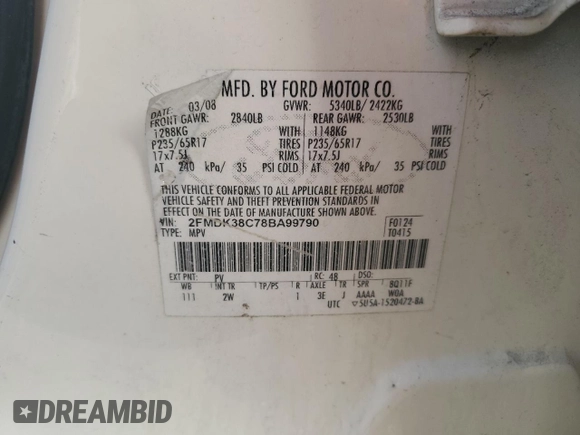 2008 Ford Edge SEL z VIN 2FMDK38C78BA99790, wystawiony jako Copart lot #50235295 z przebiegiem 181 966 mil mil oraz Szkody całkowita. Historia ofert i sprzedaży dostępna na DreamBid. Obrazek 13.