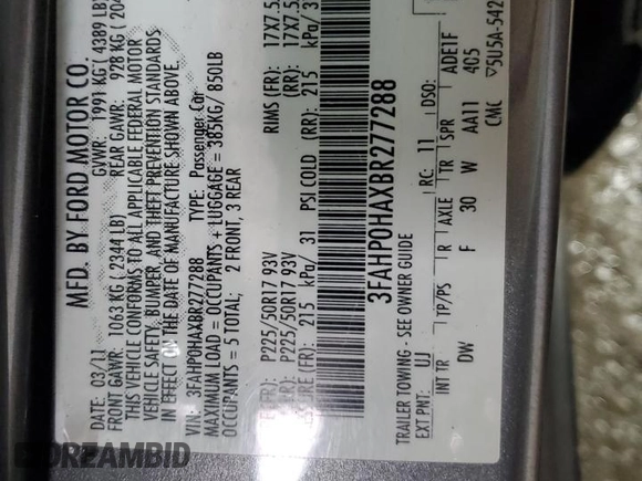 2011 Ford Fusion SE with VIN 3FAHP0HAXBR277288, listed as a Copart auction lot 50653345 with 211,570 mi miles and Clean Title. Bid and sale history available at DreamBid. Image 12.