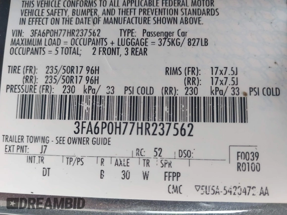 2017 Ford Fusion SE with VIN 3FA6P0H77HR237562, listed as a IAAI auction lot 41811923 with 120,440 mi miles and . Bid and sale history available at DreamBid. Image 9.