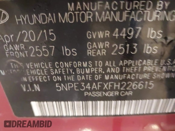 2015 Hyundai Sonata Sport with VIN 5NPE34AFXFH226615, listed as a IAAI auction lot 42311177 with 141,616 mi miles and . Bid and sale history available at DreamBid. Image 9.