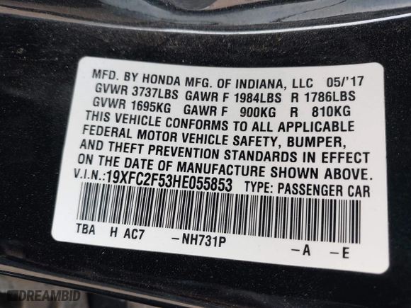 2017 Honda Civic Sedan LX with VIN 19XFC2F53HE055853, listed as a IAAI auction lot 41906645 with 186,109 mi miles. Bid and sale history available at carsss.com. Image 9.