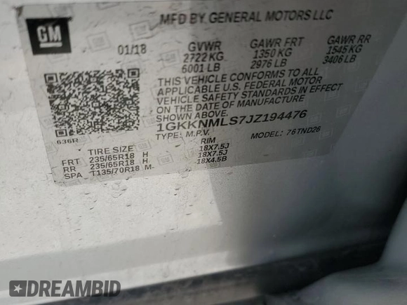 2018 GMC Acadia SLT z VIN 1GKKNMLS7JZ194476, wystawiony jako Copart lot #53078525 z przebiegiem 148 696 mil mil oraz Szkoda całkowita • Salvage title. Historia ofert i sprzedaży dostępna na DreamBid. Obrazek 15.