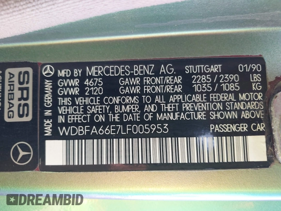 1990 Mercedes-Benz 500 z VIN WDBFA66E7LF005953, wystawiony jako IAAI lot #42224846 z przebiegiem 87 388 mil mil oraz . Historia ofert i sprzedaży dostępna na DreamBid. Obrazek 9.