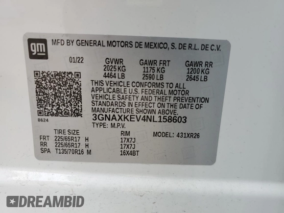 2022 Chevrolet Equinox LT z VIN 3GNAXKEV4NL158603, wystawiony jako Copart lot #60041425 z przebiegiem 17 974 mil mil oraz Szkoda całkowita • Salvage title. Historia ofert i sprzedaży dostępna na DreamBid. Obrazek 12.