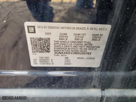 2021 Chevrolet Equinox LT with VIN 3GNAXKEV2MS106763, listed as a Copart auction lot 79550884 with 31,366 mi miles and Non Repairable. Bid and sale history available at carsss.com. Image 14.