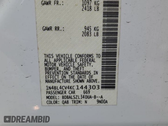 2019 Nissan Altima SR with VIN 1N4BL4CV4KC144303, listed as a Copart auction lot 50782675 with 47,400 mi miles and Salvage Title. Bid and sale history available at DreamBid. Image 12.