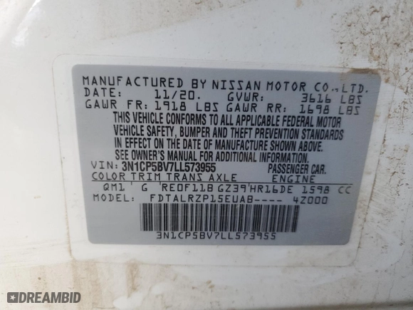 2020 Nissan Kicks S with VIN 3N1CP5BV7LL573955, listed as a Copart auction lot 45366185 with 105,296 mi miles and Clean Title. Bid and sale history available at carsss.com. Image 12.
