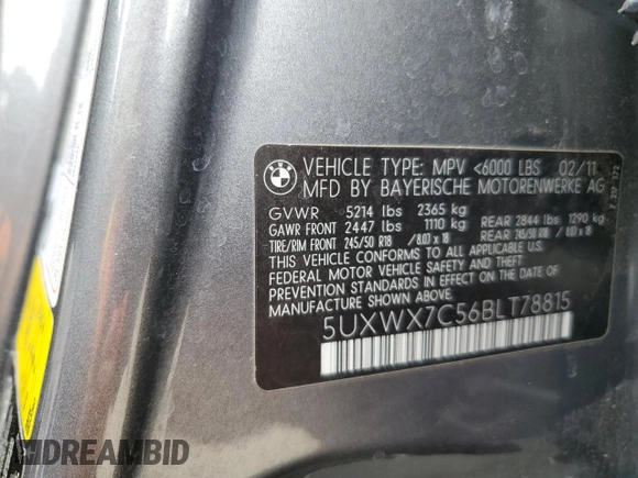 2011 BMW X3 35i with VIN 5UXWX7C56BLT78815, listed as a Copart auction lot 47511435 with 122,453 mi miles and Salvage Title. Bid and sale history available at DreamBid. Image 13.