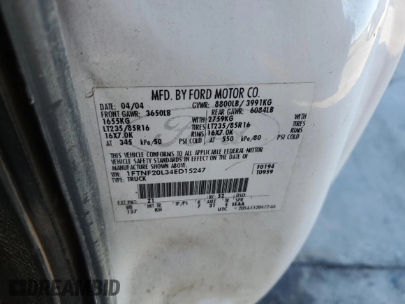 2004 Ford F-250 XL с VIN 1FTNF20L34ED15247, выставлен на аукционе Copart как лот 88119525 с пробегом 336 410 миль миль и Списание • Salvage title. История ставок и продаж доступна на DreamBid. Изображение 12.