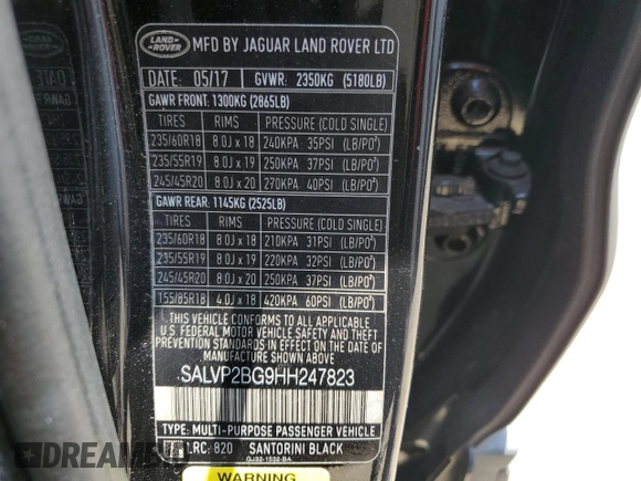 2017 Land Rover Range Rover Evoque SE with VIN SALVP2BG9HH247823, listed as a Copart auction lot 60155285 with 77,584 mi miles and Salvage title. Bid and sale history available at DreamBid. Image 14.