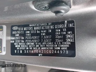 2012 Kia Sorento LX with VIN 5XYKTDA21CG244973, listed as a IAAI auction lot 41268549 with 211,858 mi miles. Bid and sale history available at carsss.com. Image 9.