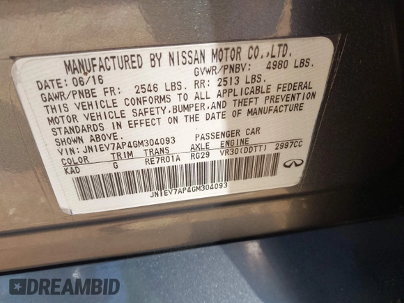 2016 Infiniti Q50 3.0t Premium with VIN JN1EV7AP4GM304093, listed as a IAAI auction lot 42021671 with 61,581 mi miles. Bid and sale history available at carsss.com. Image 9.