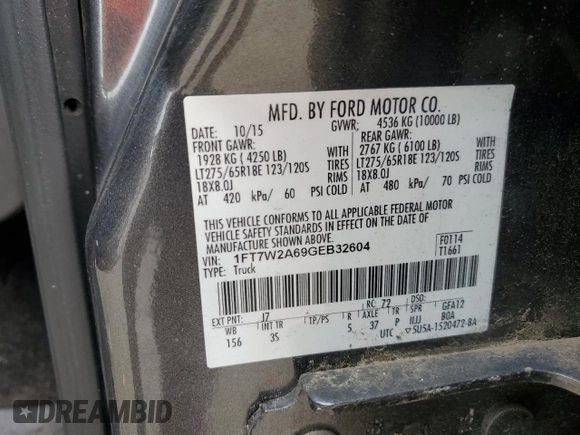 2016 Ford F-250 XL with VIN 1FT7W2A69GEB32604, listed as a Copart auction lot 60652715 with Not provided miles and Salvage title. Bid and sale history available at DreamBid. Image 13.
