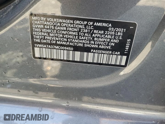 2021 Volkswagen Passat SE z VIN 1VWSA7A37MC009450, wystawiony jako Copart lot #56953915 z przebiegiem 69 954 mil mil oraz Szkoda całkowita • Salvage title. Historia ofert i sprzedaży dostępna na DreamBid. Obrazek 12.