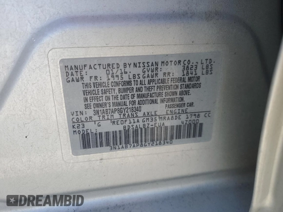 2016 Nissan Sentra SV with VIN 3N1AB7AP8GY218340, listed as a Copart auction lot 46777335 with 154,831 mi miles and Salvage Title. Bid and sale history available at DreamBid. Image 12.