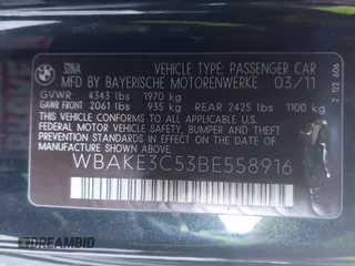 2011 BMW 3 Series 328i with VIN WBAKE3C53BE558916, listed as a IAAI auction lot 41946404 with 172,961 mi miles and . Bid and sale history available at carsss.com. Image 9.