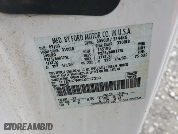 2003 Ford F-150 XL with VIN 1FTRX07W83KC57350, listed as a Copart auction lot 79563904 with 265,487 mi miles and Clean title. Bid and sale history available at DreamBid. Image 12.