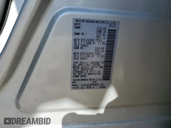 2017 Nissan Pathfinder SV z VIN 5N1DR2MN9HC909191, wystawiony jako Copart lot #56389135 z przebiegiem 95 101 mil mil oraz Szkoda całkowita • Salvage title. Historia ofert i sprzedaży dostępna na DreamBid. Obrazek 13.