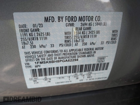 2023 Ford Explorer with VIN 1FMSK8BH8PGA62294, listed as a IAAI auction lot 41100467 with 10,442 mi miles and . Bid and sale history available at DreamBid. Image 9.