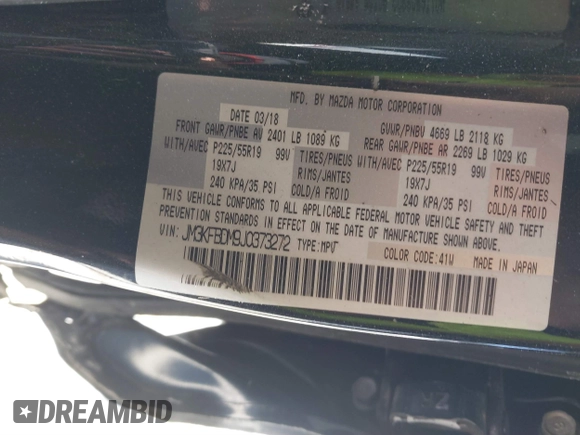 2018 Mazda CX-5 Grand Touring with VIN JM3KFBDM9J0373272, listed as a IAAI auction lot 41370974 with 1 mi miles. Bid and sale history available at carsss.com. Image 9.