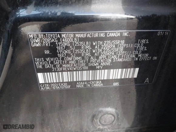 2014 Toyota RAV4 Limited with VIN 2T3DFREVXEW135188, listed as a IAAI auction lot 41545396 with 178,234 mi miles. Bid and sale history available at carsss.com. Image 9.