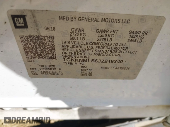 2018 GMC Acadia SLT with VIN 1GKKNMLS6JZ249340, listed as a IAAI auction lot 41715210 with 144,612 mi miles and . Bid and sale history available at carsss.com. Image 9.