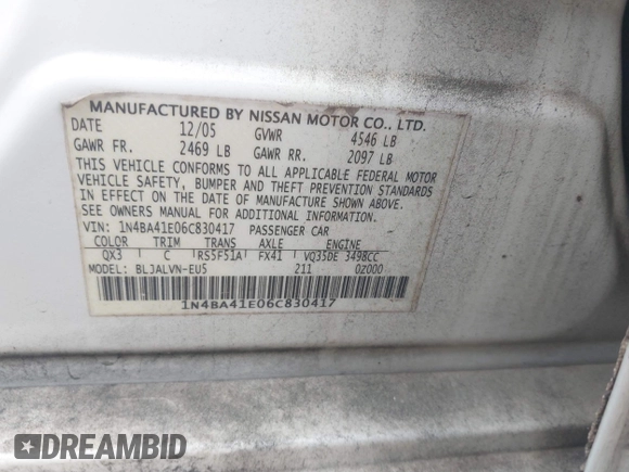 2006 Nissan Maxima SL with VIN 1N4BA41E06C830417, listed as a IAAI auction lot 42081896 with 264,635 mi miles and . Bid and sale history available at DreamBid. Image 9.