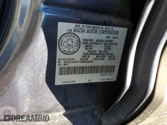 2001 Mazda Tribute LX with VIN 4F2CU08171KM43038, listed as a Copart auction lot 43267435 with 109,668 mi miles and Salvage Title. Bid and sale history available at carsss.com. Image 12.