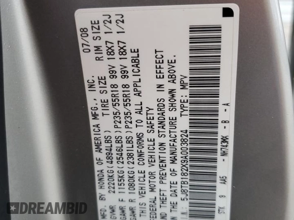 2009 Acura RDX z VIN 5J8TB182X9A003824, wystawiony jako Copart lot #43548985 z przebiegiem 182 107 mil mil oraz Szkoda całkowita • Salvage title. Historia ofert i sprzedaży dostępna na DreamBid. Obrazek 13.
