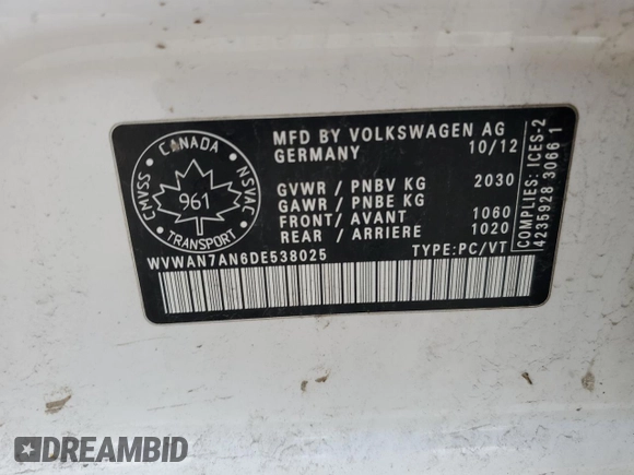 2013 Volkswagen CC Sport с VIN WVWAN7AN6DE538025, выставлен на аукционе Copart как лот 52365035 с пробегом 254 210 миль миль и Списание • Salvage title. История ставок и продаж доступна на DreamBid. Изображение 12.