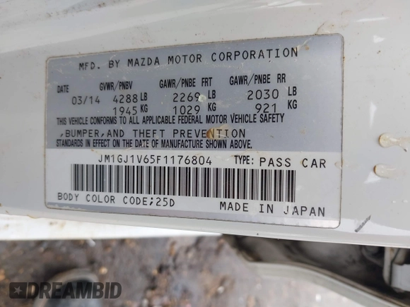 2015 Mazda 6 i Touring with VIN JM1GJ1V65F1176804, listed as a IAAI auction lot 41739500 with Not Provided miles. Bid and sale history available at carsss.com. Image 9.