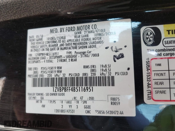 2011 Ford Mustang GT with VIN 1ZVBP8FF4B5116951, listed as a IAAI auction lot 41790686 with 62,880 mi miles and . Bid and sale history available at DreamBid. Image 9.