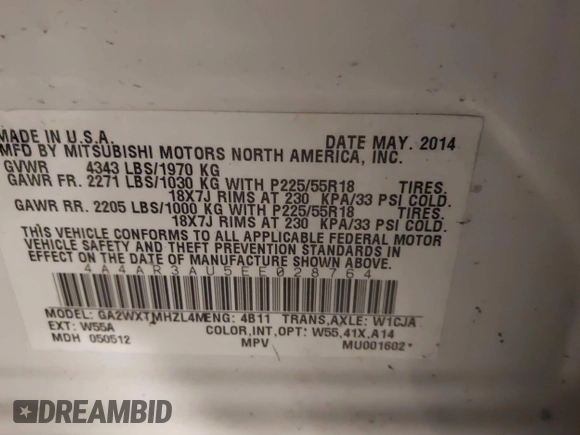 2014 Mitsubishi Outlander Sport ES with VIN 4A4AR3AU5EE028764, listed as a IAAI auction lot 41802229 with 109,250 mi miles. Bid and sale history available at carsss.com. Image 9.