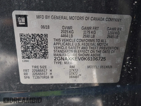 2019 Chevrolet Equinox LT with VIN 2GNAXKEV0K6106725, listed as a IAAI auction lot 41863740 with 171,356 mi miles and . Bid and sale history available at carsss.com. Image 9.