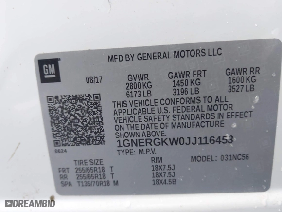 2018 Chevrolet Traverse LT Cloth with VIN 1GNERGKW0JJ116453, listed as a IAAI auction lot 41164082 with 147,152 mi miles. Bid and sale history available at carsss.com. Image 9.