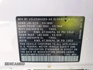 2012 Volkswagen Touareg Sport with VIN WVGEF9BP5CD007294, listed as a IAAI auction lot 41841268 with 160,883 mi miles and . Bid and sale history available at DreamBid. Image 9.