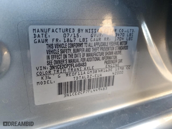 2015 Nissan Versa Note S with VIN 3N1CE2CP7FL449483, listed as a Copart auction lot 48391715 with 119,725 mi miles and Salvage Title. Bid and sale history available at carsss.com. Image 12.